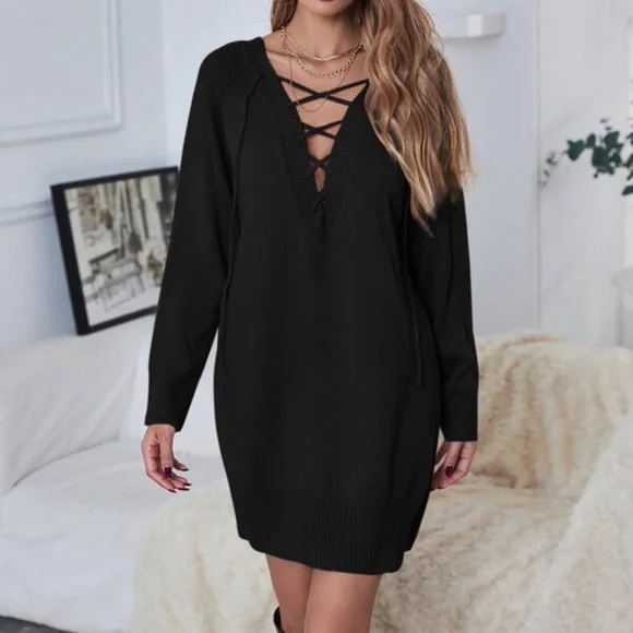 Boho Black Lace up Off Shoulder Oversized Sweater Dress - Picture 14 of 14